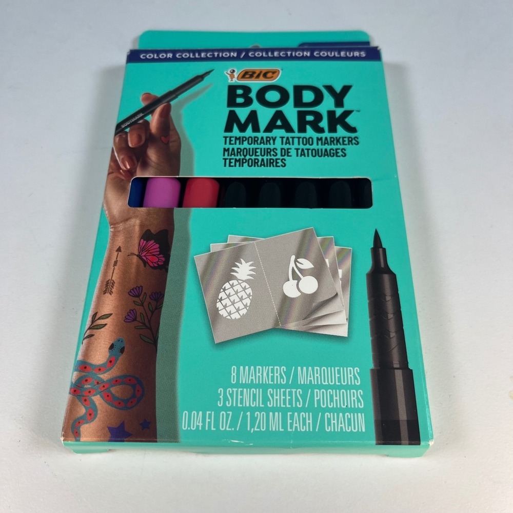BIC BodyMark Temporary Tattoo Markers Multicolor Unisex 8 Pack Stencils